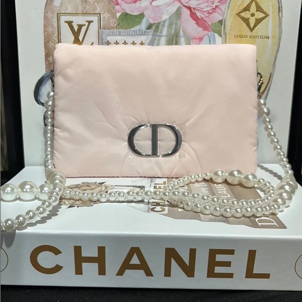 BNWT Christian Dior Pink Puff Makeup Pouch GWP VIP with Pearl Crossbody Strap
